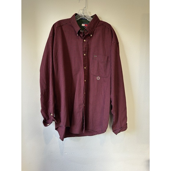 Vintage Tommy Hilfiger Mens XL Gingham Black Maroon Long Sleeve Button Shirt - Picture 1 of 6